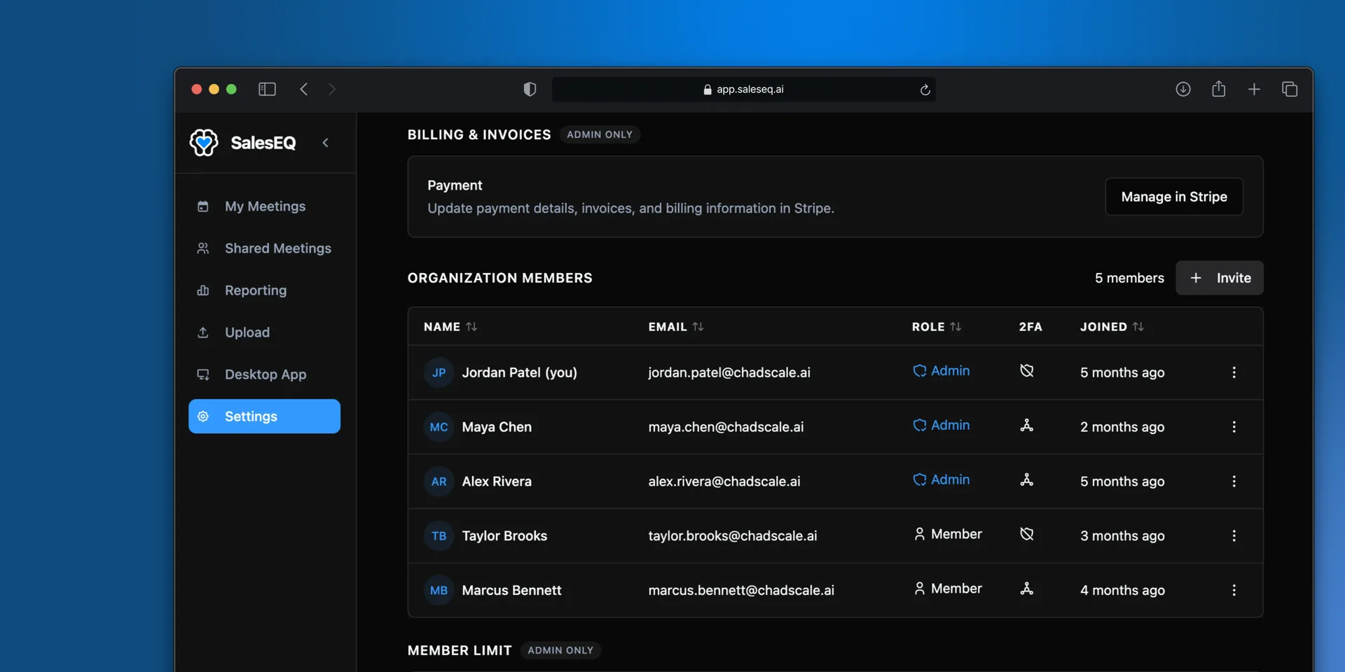 Billing settings, where payment and invoices are managed in Stripe