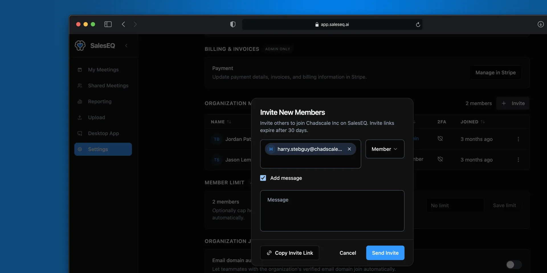 The Invite New Members dialog, with an address entered, a role chosen, and both Copy Invite Link and Send Invite