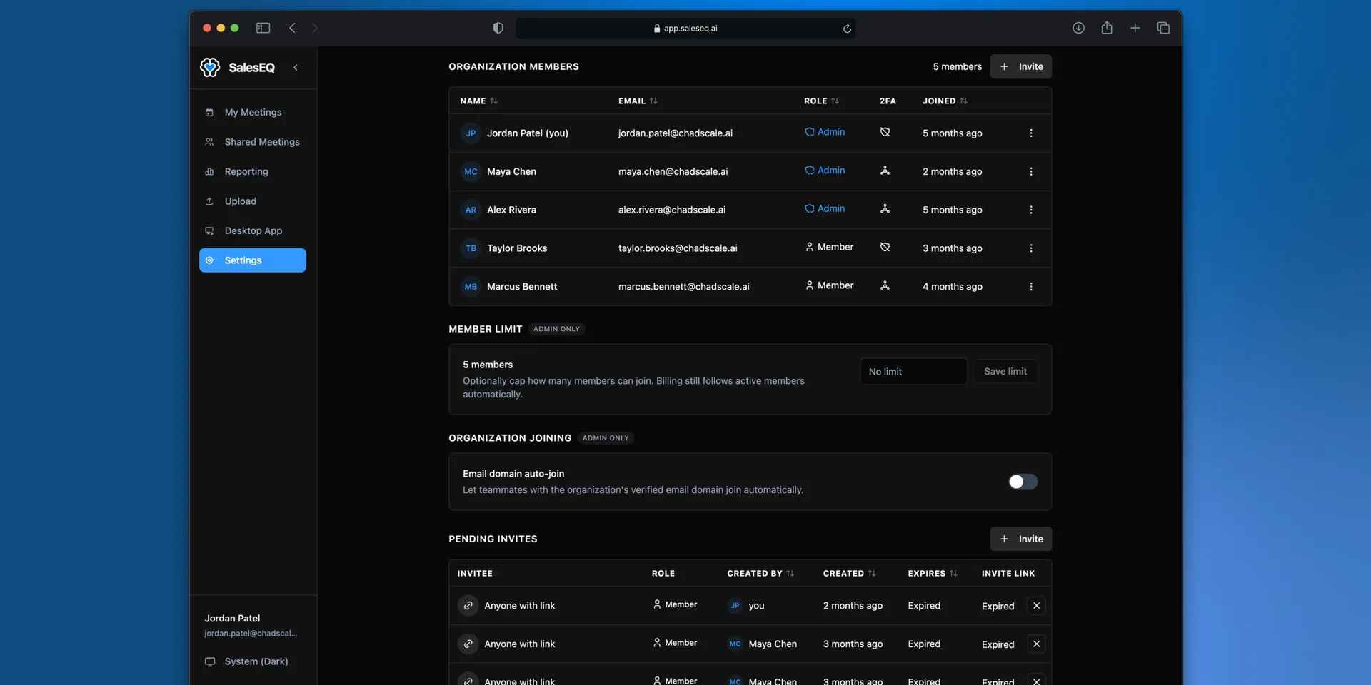 The Organization members list, showing a mix of Admin and Member roles