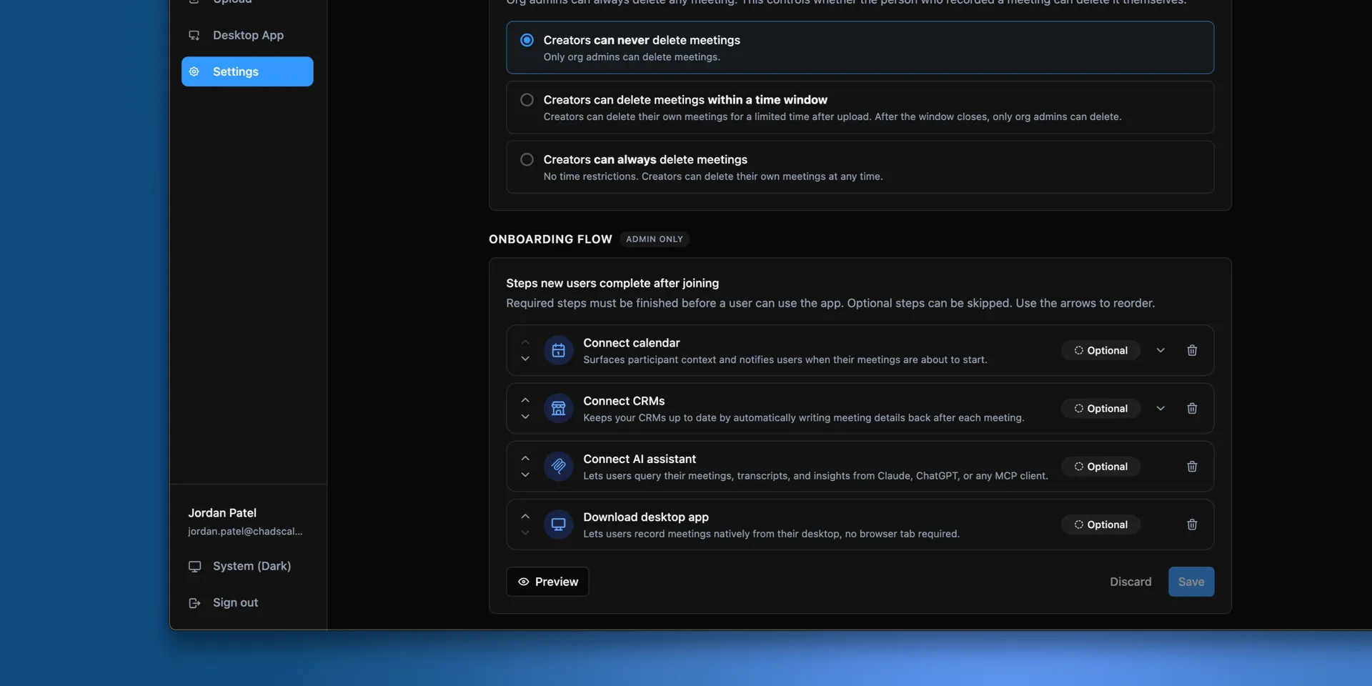 The Onboarding flow settings, listing each step with its required or optional state and reorder controls