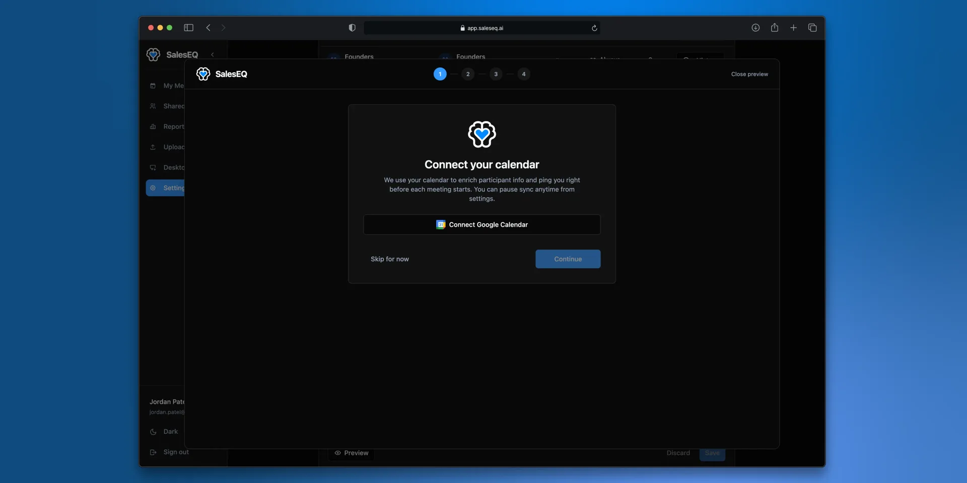 The onboarding flow preview, showing the first step as a new member sees it