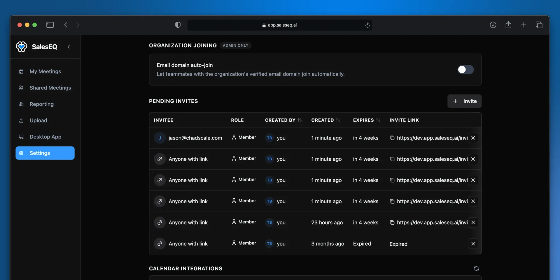 The Organization joining and Pending invites sections of settings