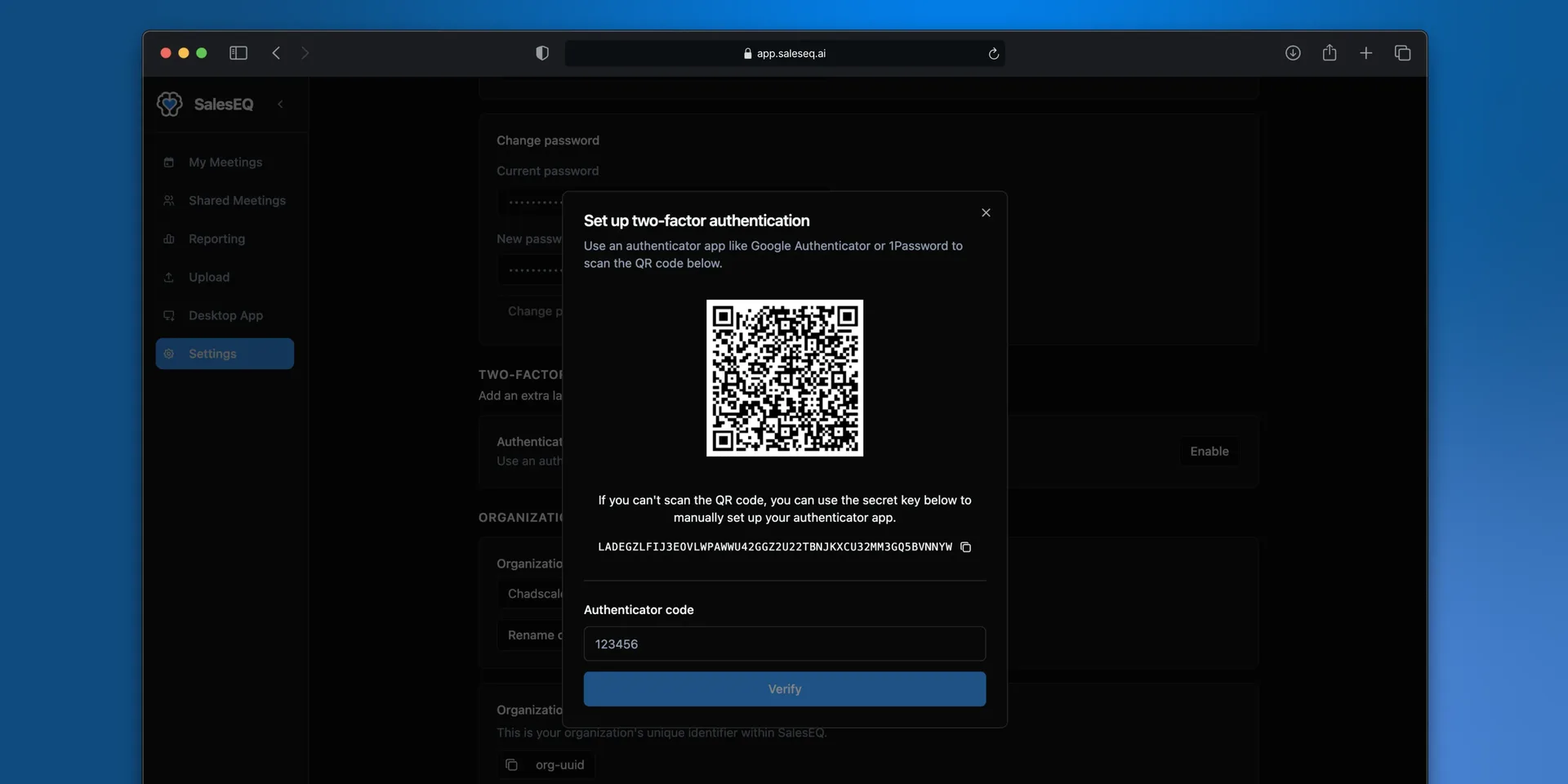 The two-factor setup screen with a QR code and manual key for an authenticator app