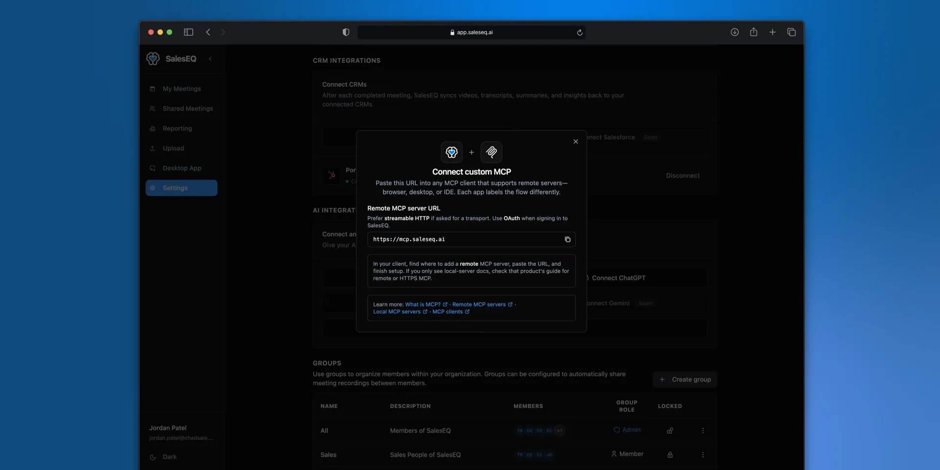 The Connect custom MCP dialog in Settings, showing the remote MCP server URL
