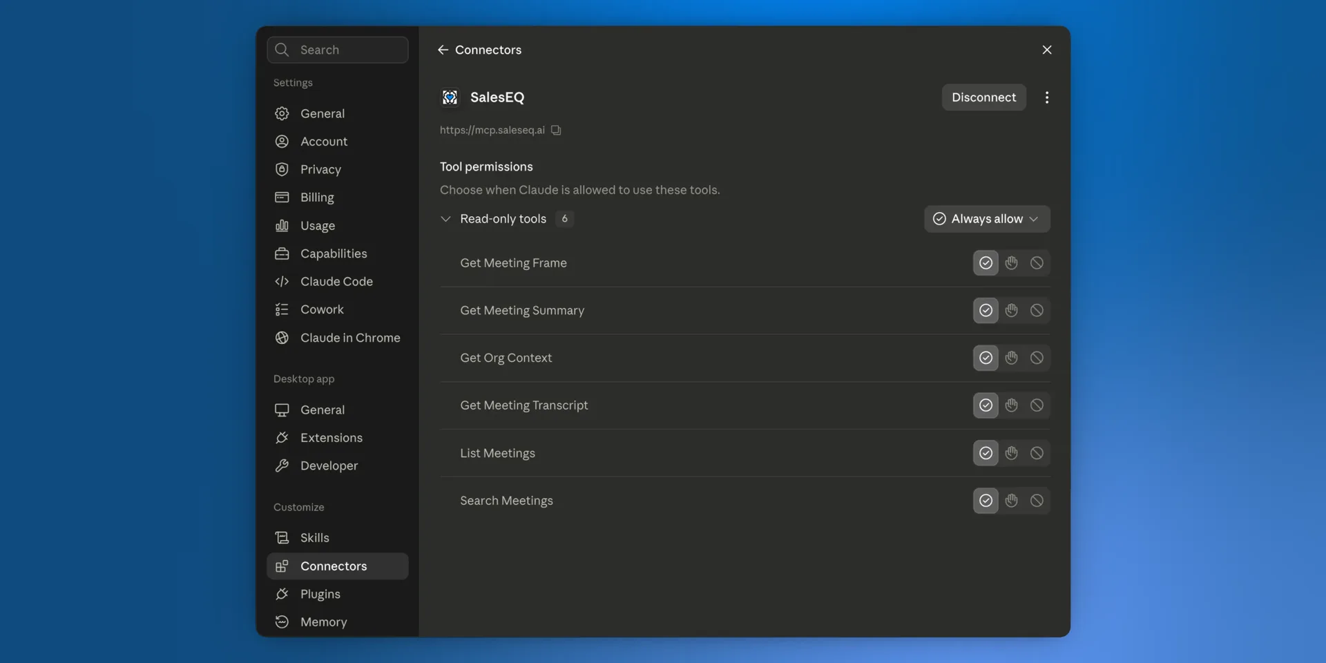 The SalesEQ connector's six read-only tools, listed with their permissions in an AI client