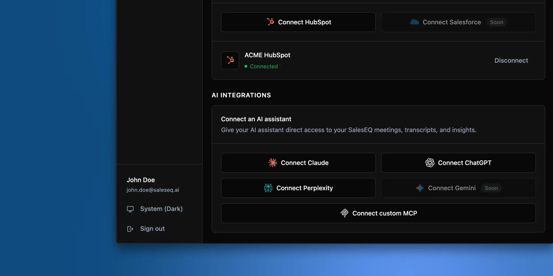 The AI integrations section of Settings, where each AI assistant is connected