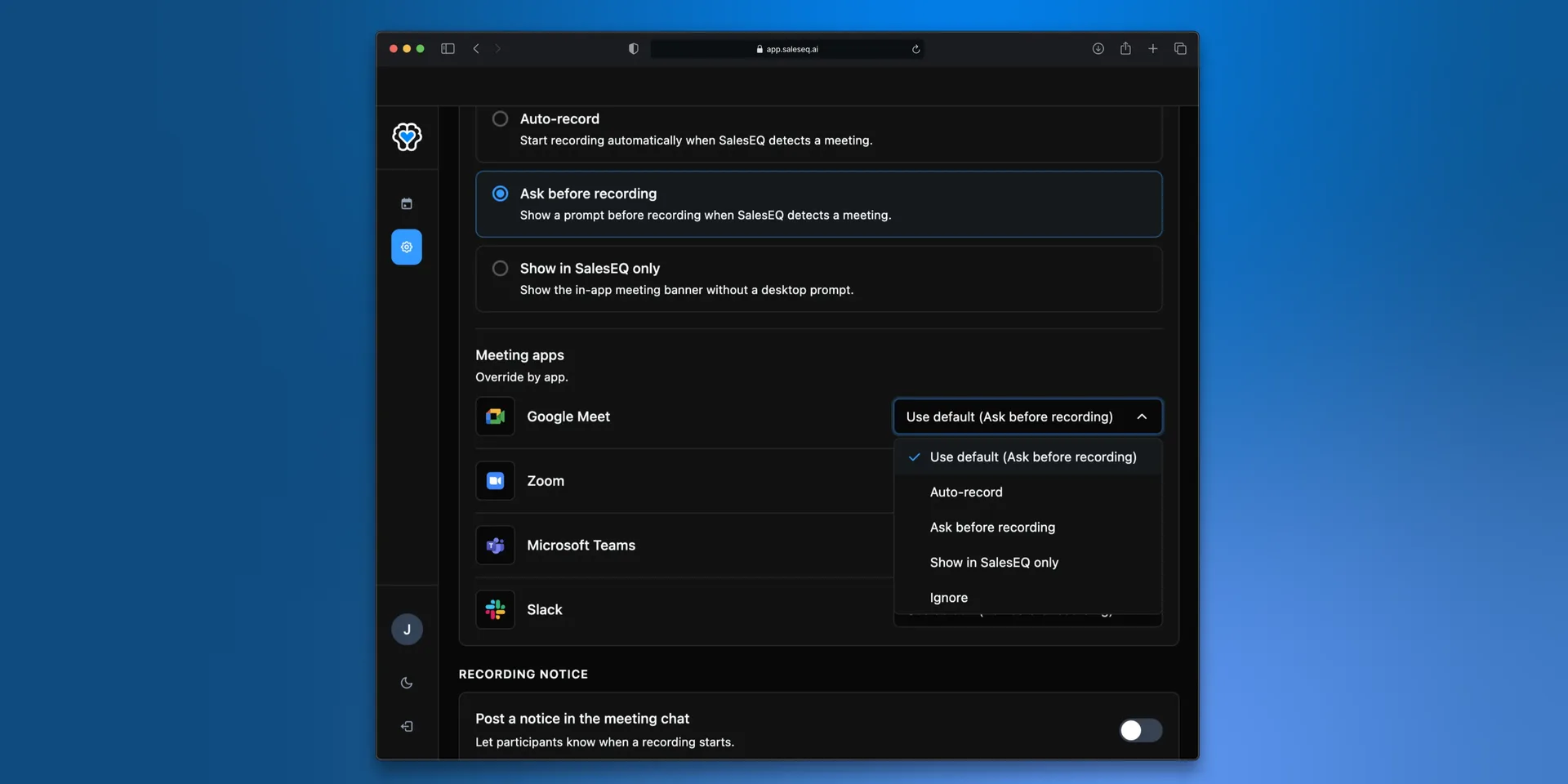 The SalesEQ desktop app listing upcoming meetings, with Join and Record on the next one
