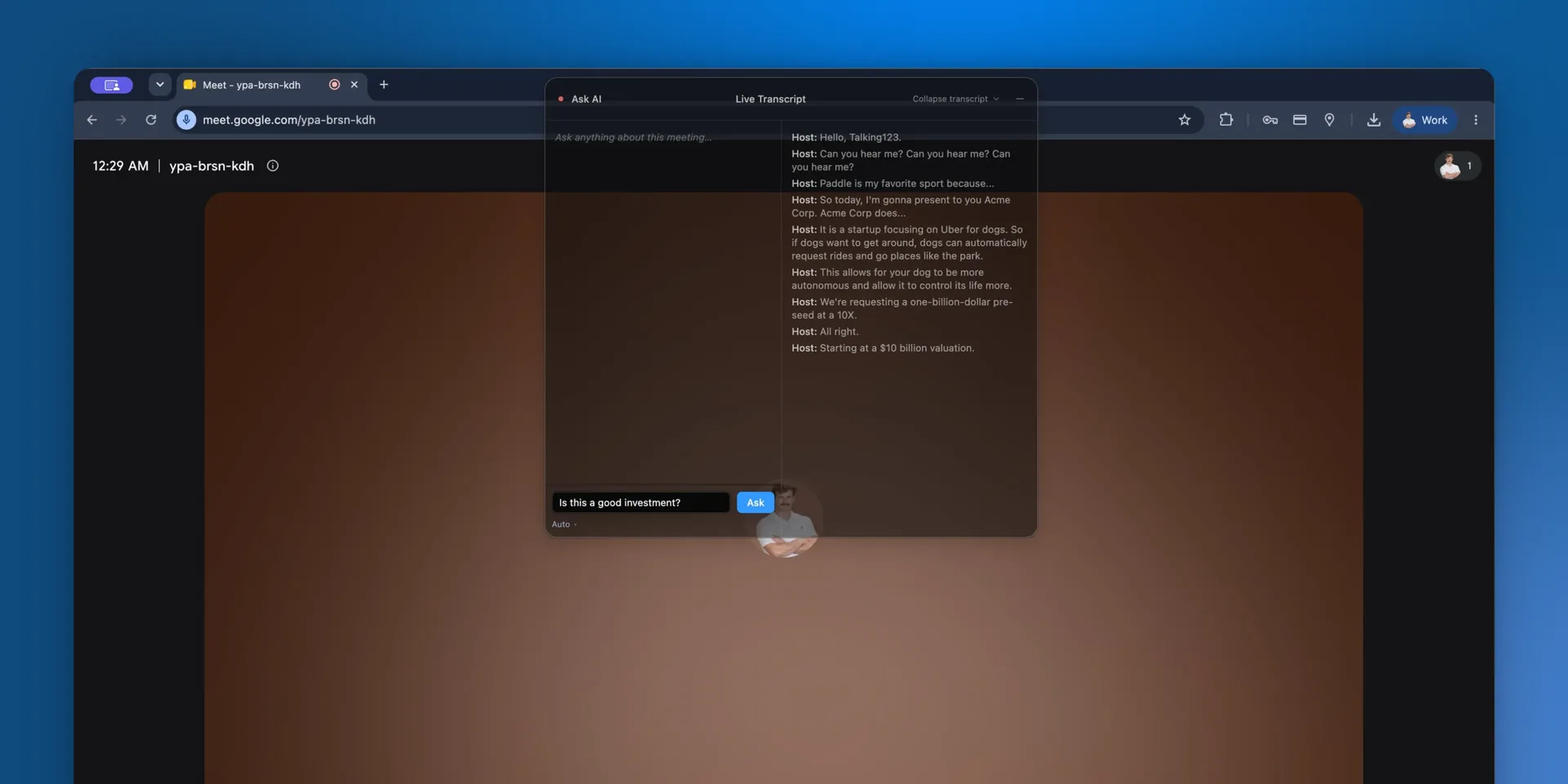 The Live AI window over a Google Meet, with the transcript on the right and a question being asked on the left