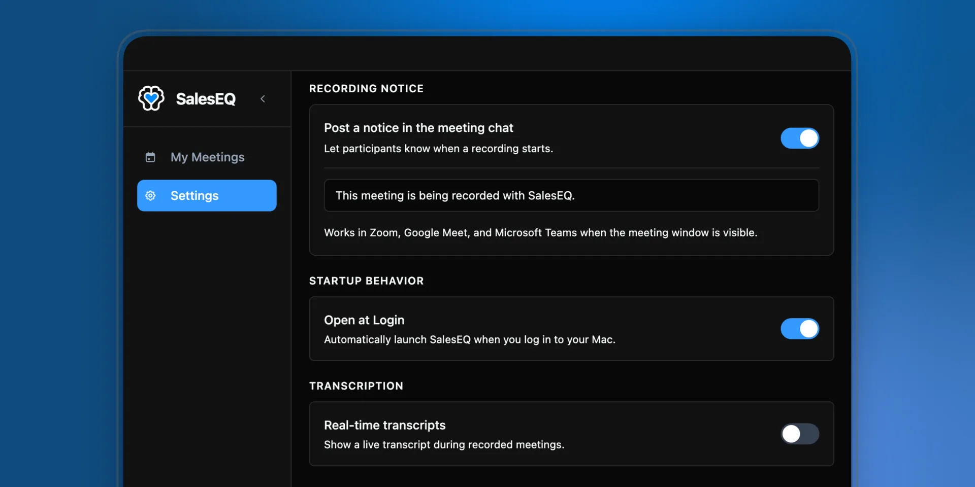 The Recording notice setting in the SalesEQ desktop app, turned on with its message