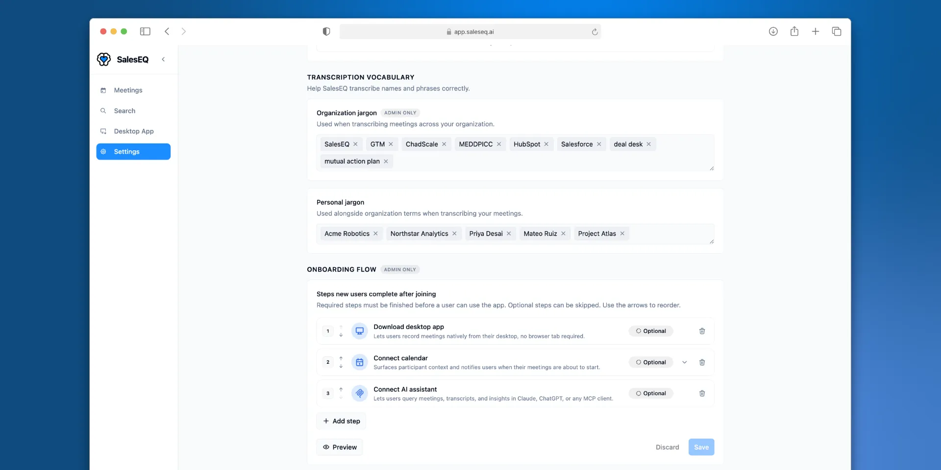 Settings showing Organization jargon with an Admin only badge and shared sales terms, plus Personal jargon with customer and project names