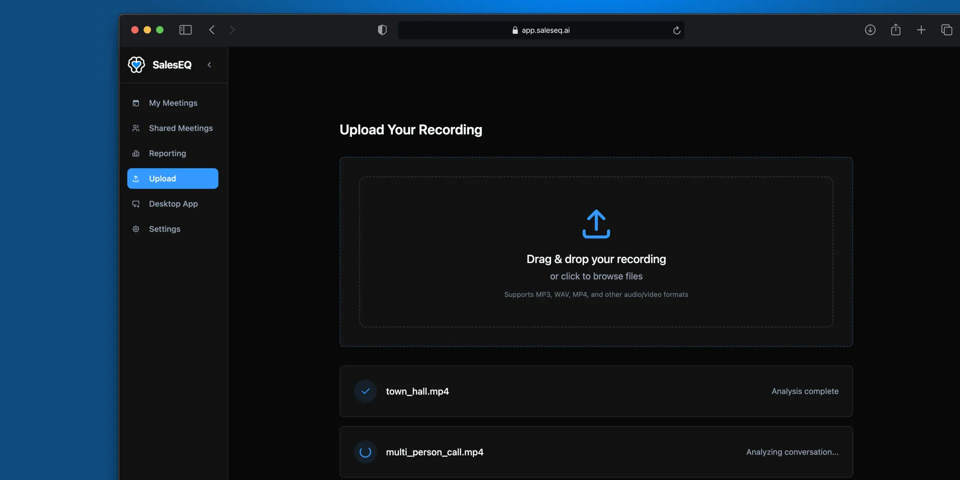 The Upload page with a drop zone and two files processing