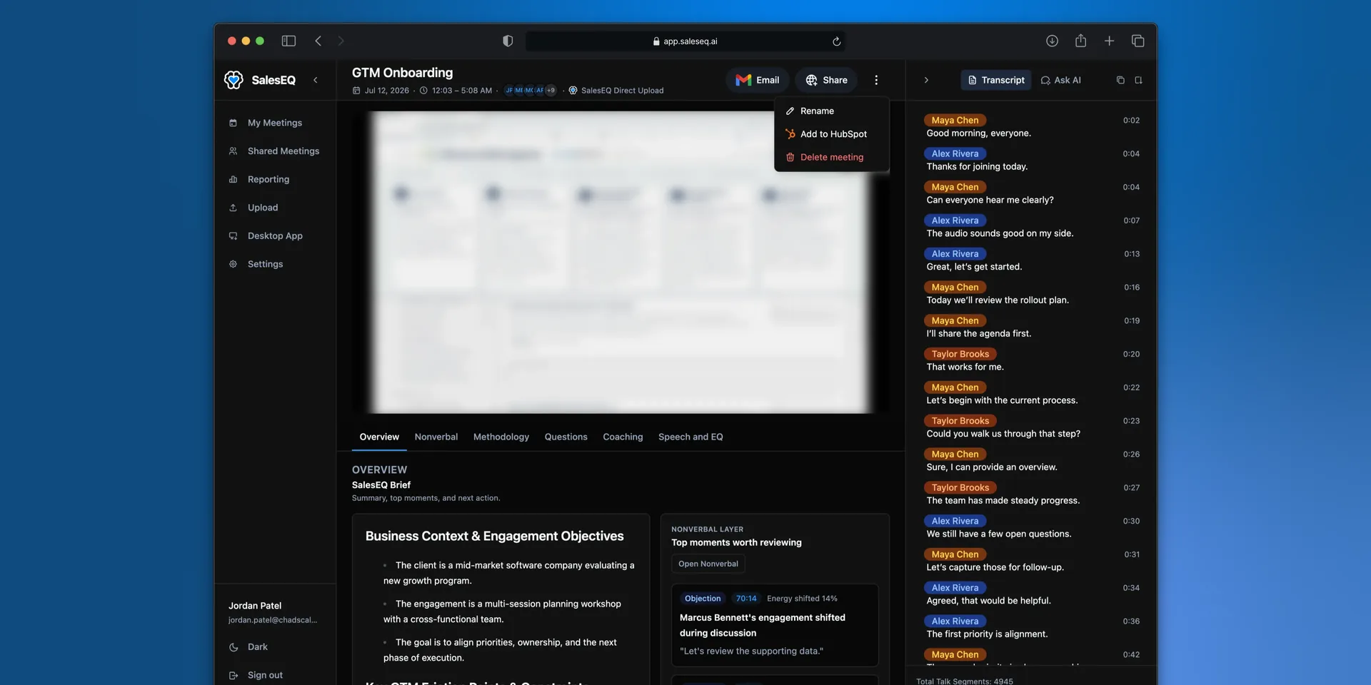 A finished meeting showing the recording, the insight tabs, and the transcript alongside each other