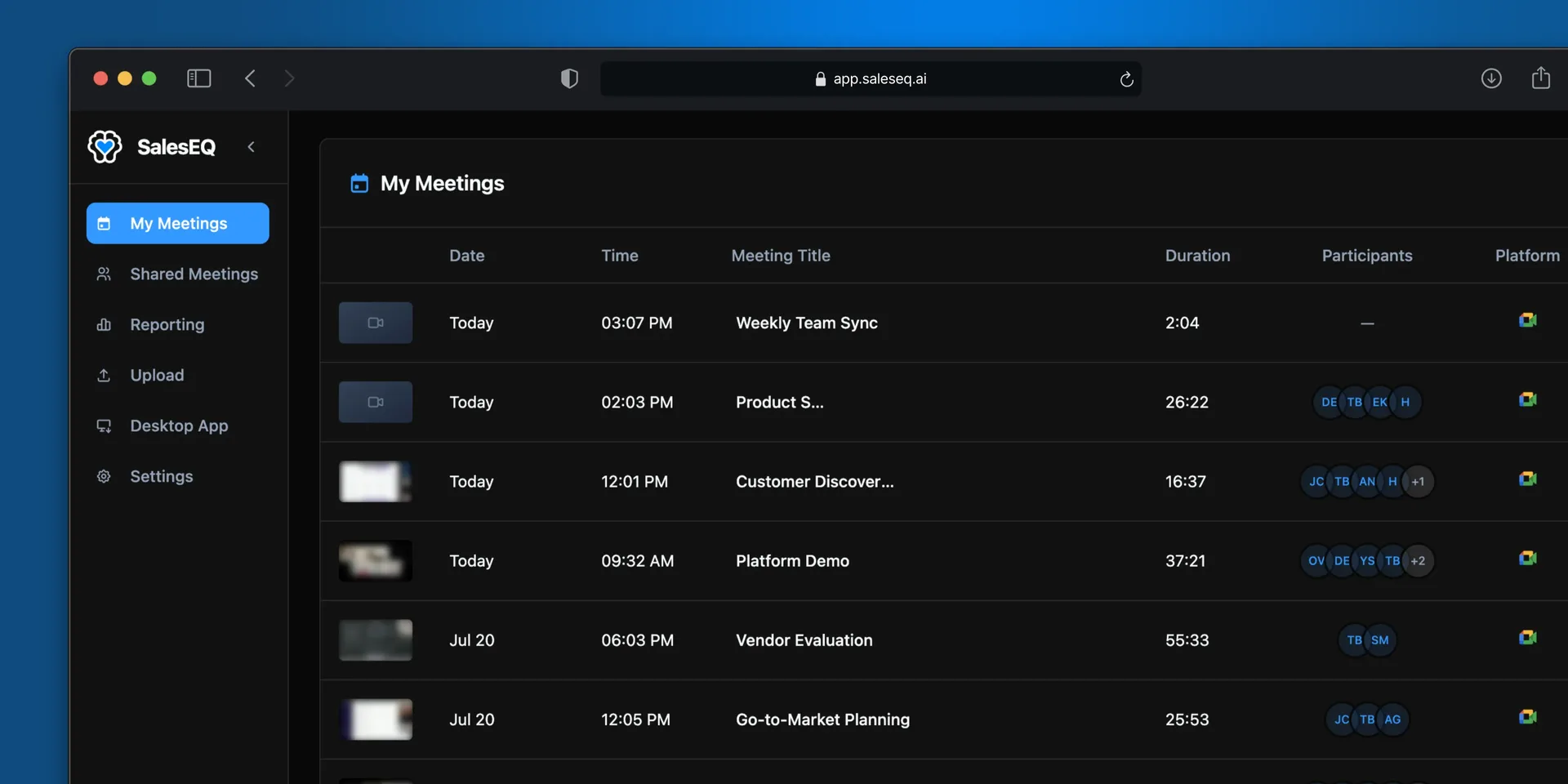 The My Meetings list in the SalesEQ web app