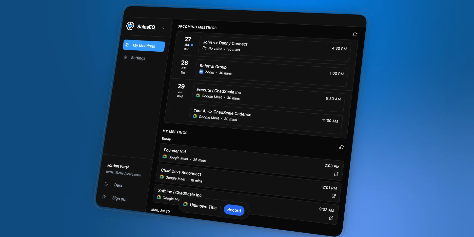 The SalesEQ desktop app listing upcoming meetings, with a detected meeting ready to record