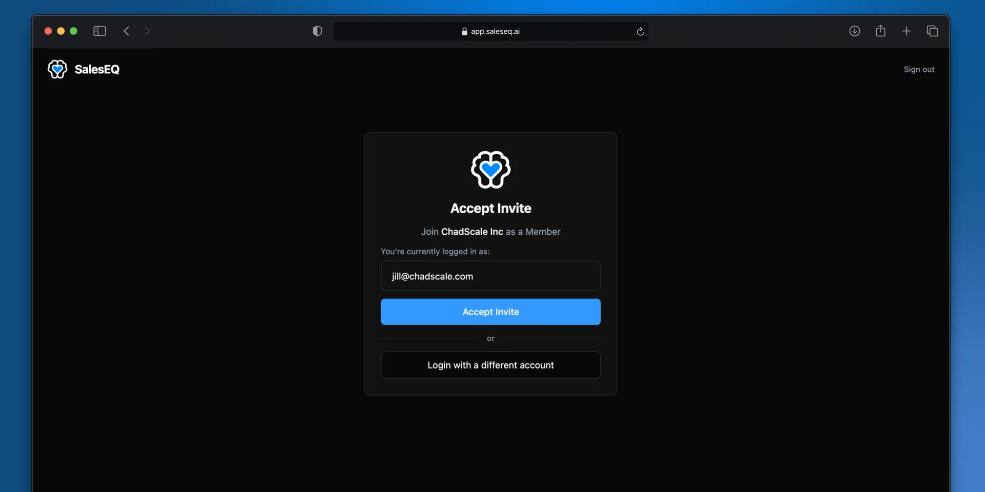 The Accept Invite screen showing which account is signed in