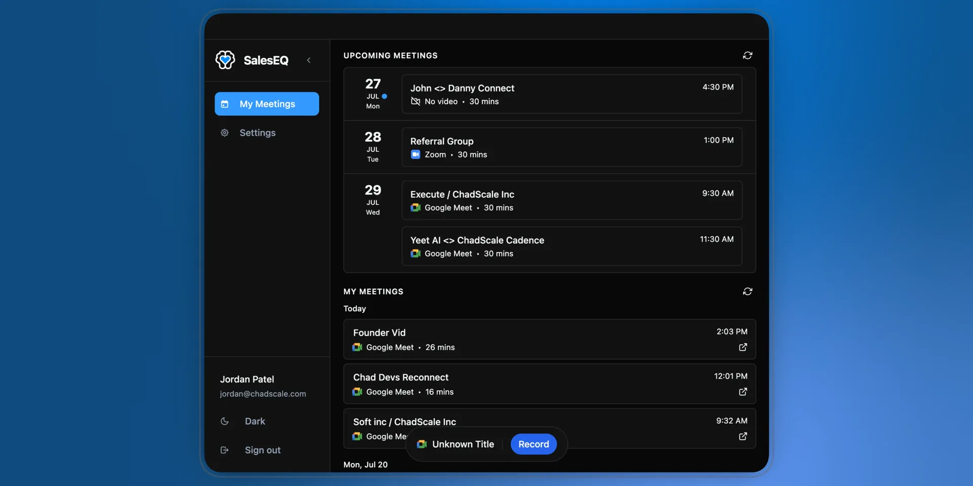 The SalesEQ desktop app showing a detected meeting with a Record button