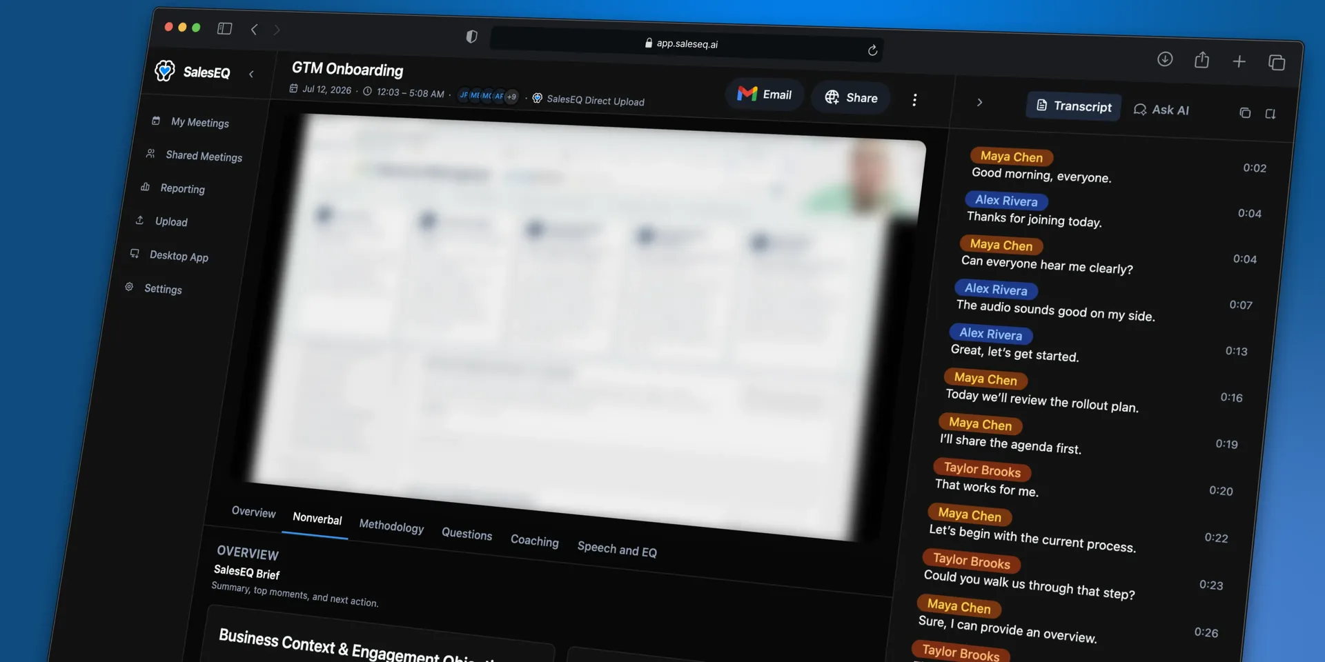 A recorded meeting open in SalesEQ, with the transcript alongside the recording