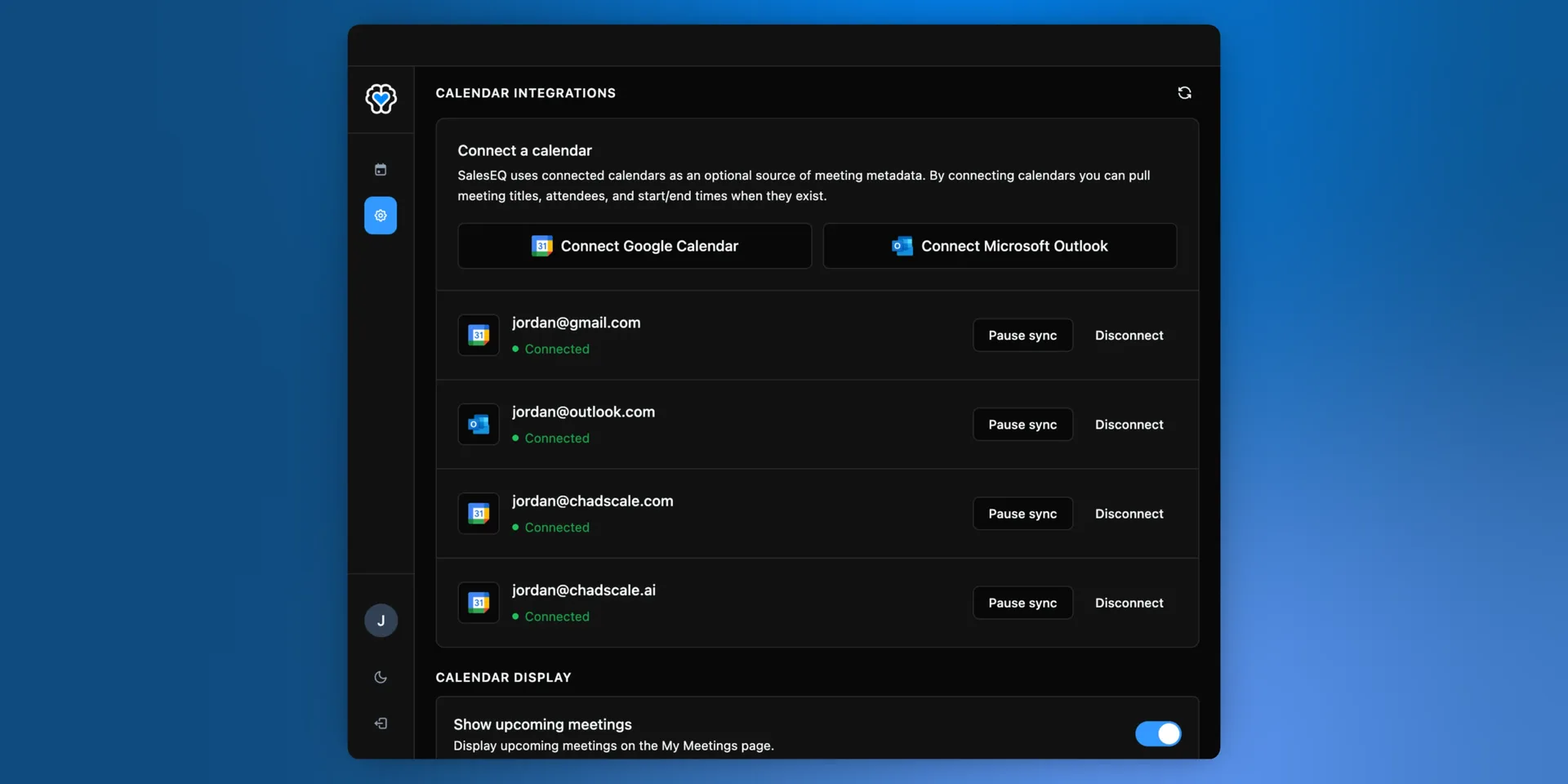 Calendar integrations in Settings, with several connected accounts