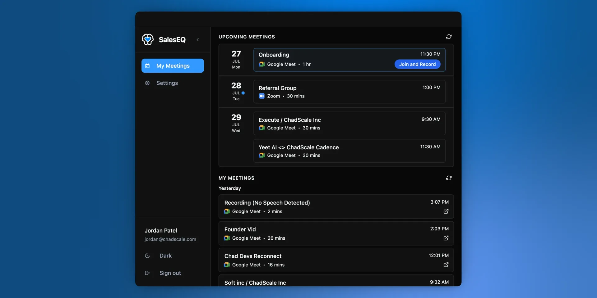 Upcoming meetings in the desktop app, with Join and Record on the next one