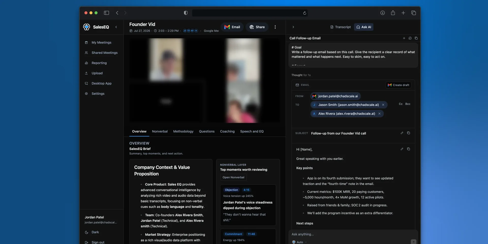 A generated follow-up email with recipients, subject, and body, ready to write to Gmail