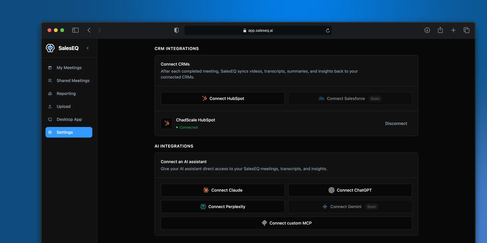 CRM integrations in Settings, with a HubSpot account connected