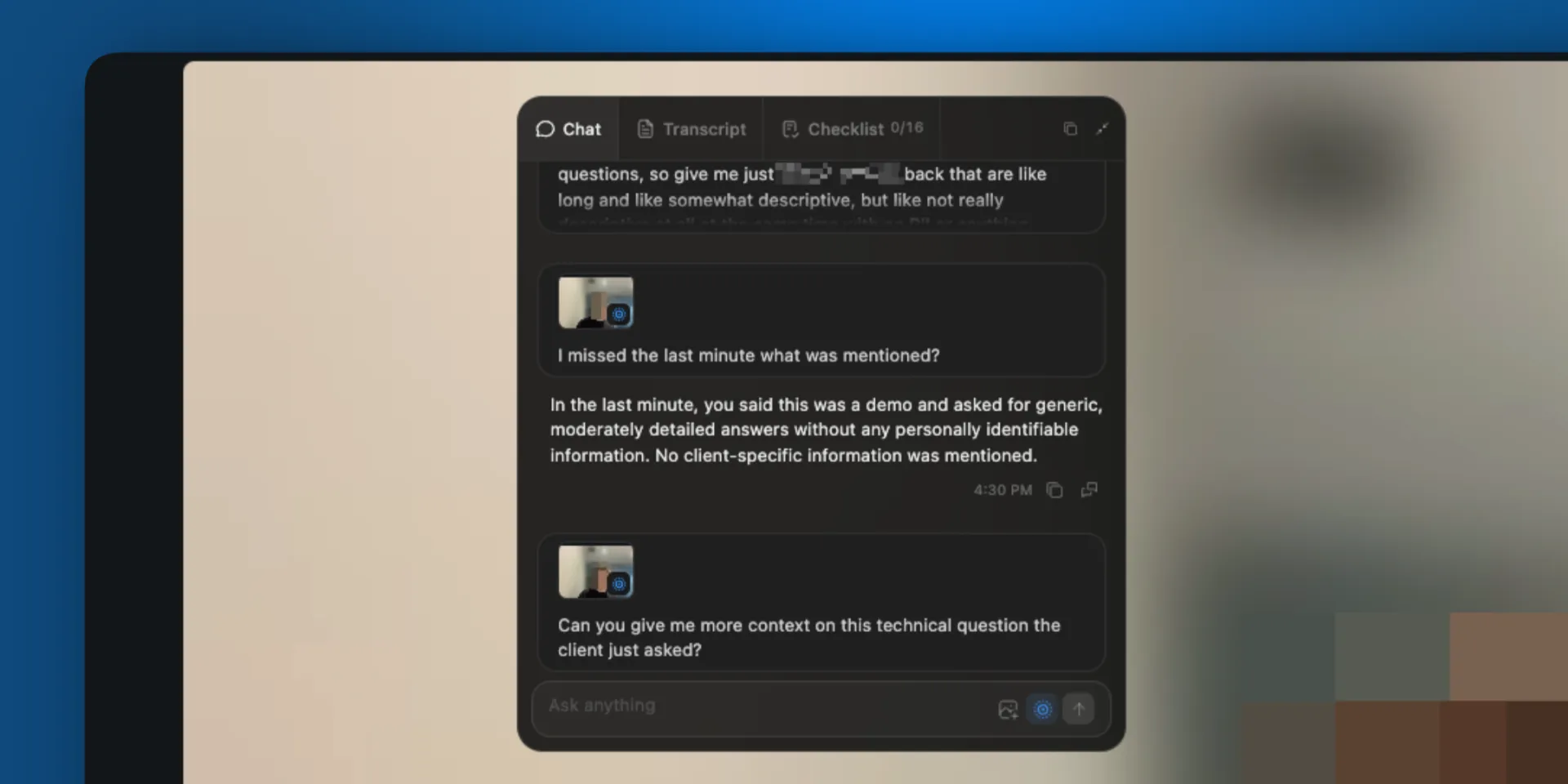 The Chat tab with a question asking what was mentioned in the last minute, the answer below it, and a follow-up question already sent
