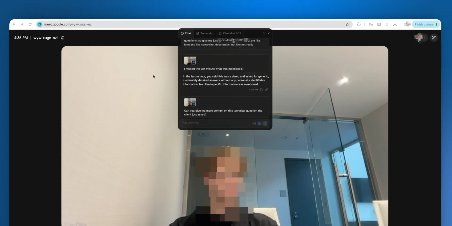 Live AI open over a Google Meet in the browser, its Chat tab answering a question, with the Transcript and Checklist tabs alongside
