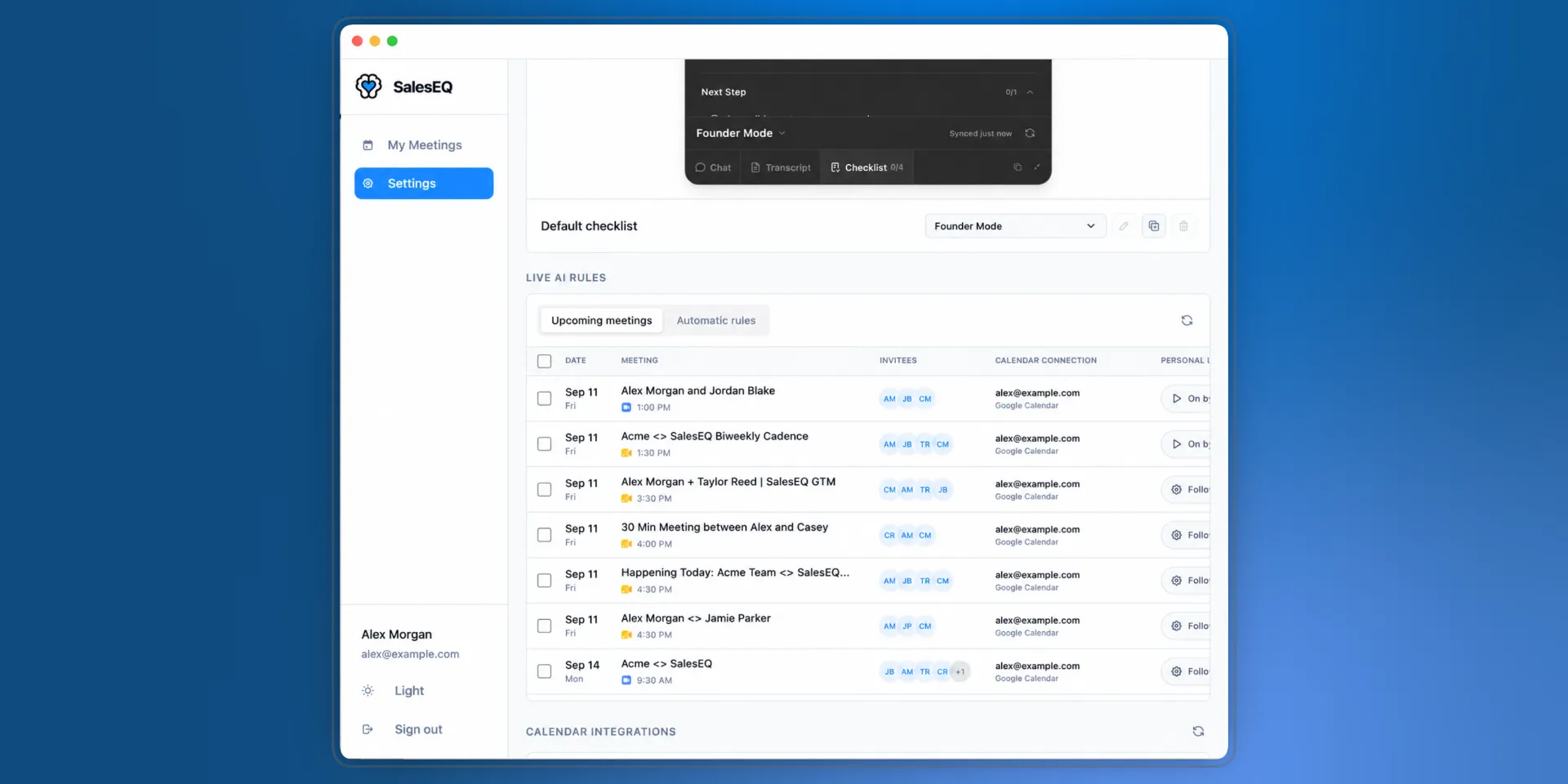 The Live AI rules section on the Upcoming meetings tab, listing several days of meetings with their invitees, calendar connection, and personal Live AI setting