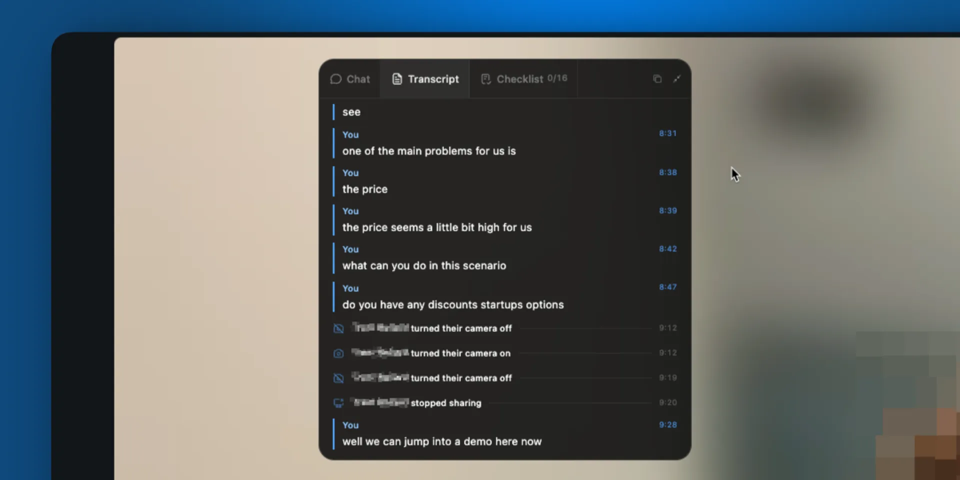 The Transcript tab streaming timestamped spoken lines, followed by camera and screen-share events, then a further spoken line