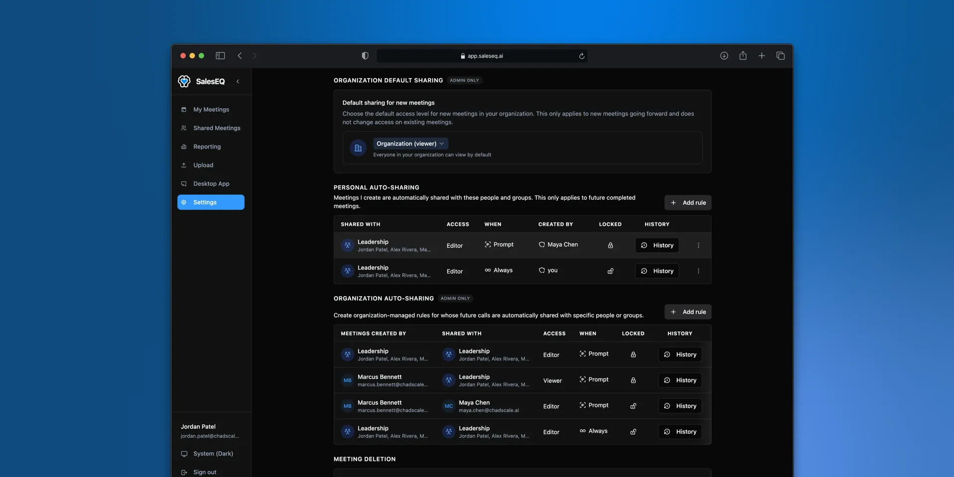 Personal and organization auto-sharing rules in Settings, showing both Always and Prompt rules