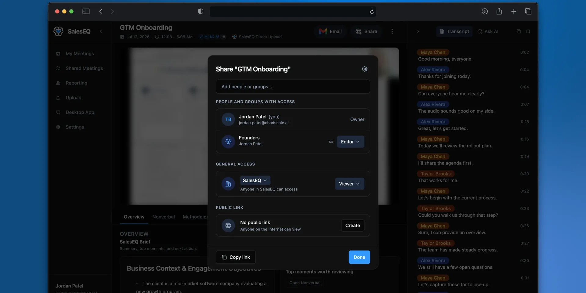 The share dialog showing the owner, a group, general access, and the public link section