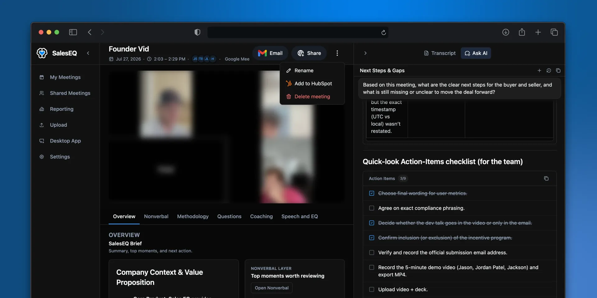The meeting actions menu open, showing Delete meeting