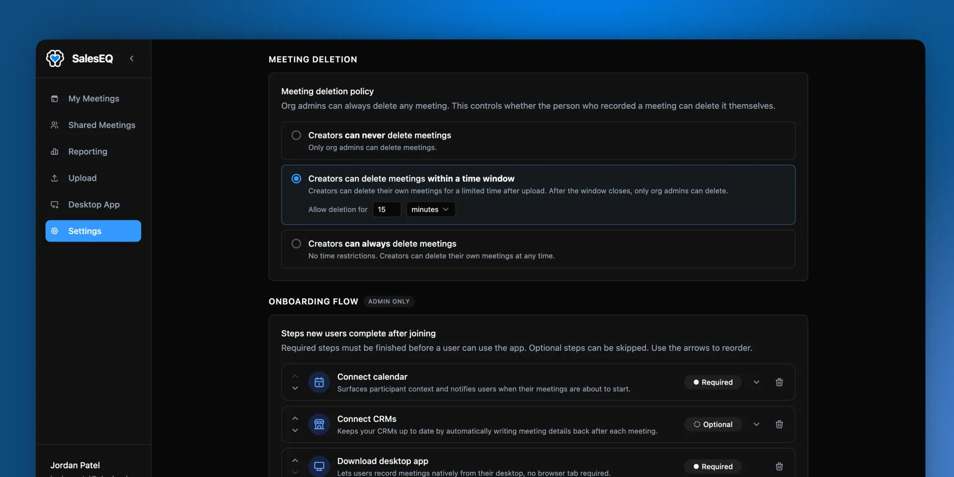 The Meeting deletion policy setting, with a time window selected