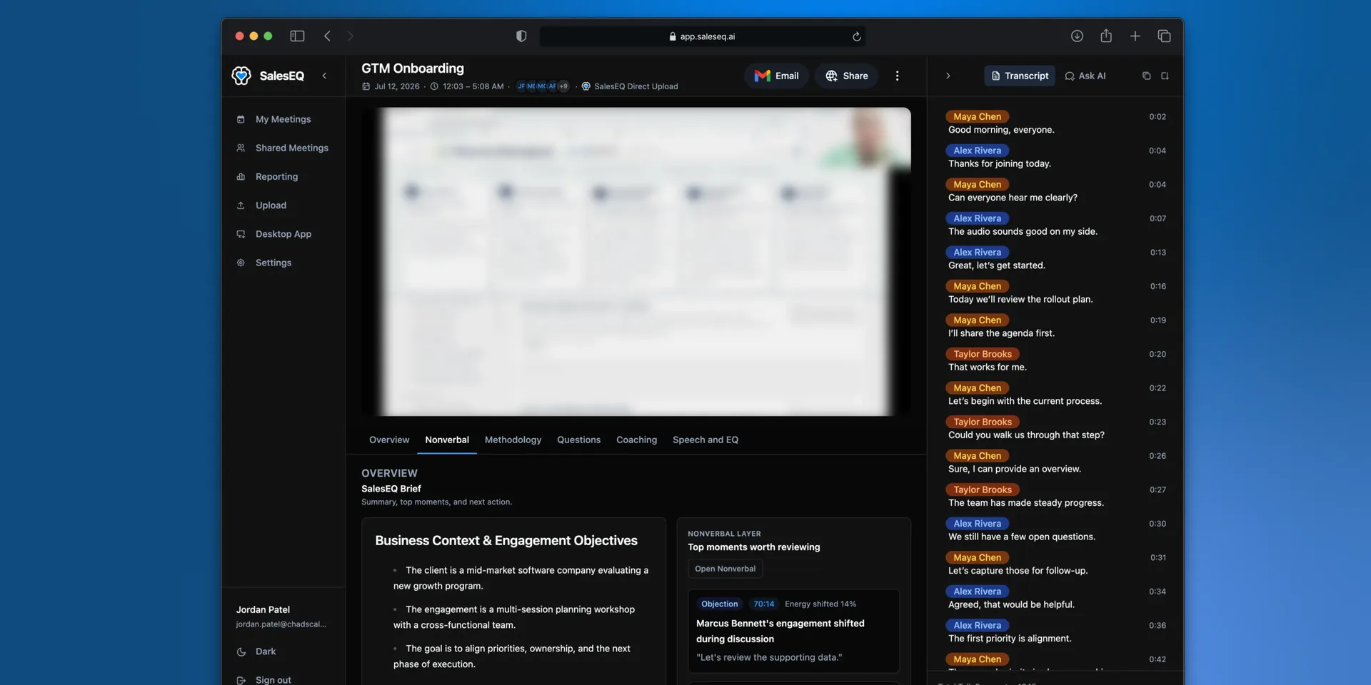 A finished meeting with the recording, the insight tabs, and the transcript alongside each other
